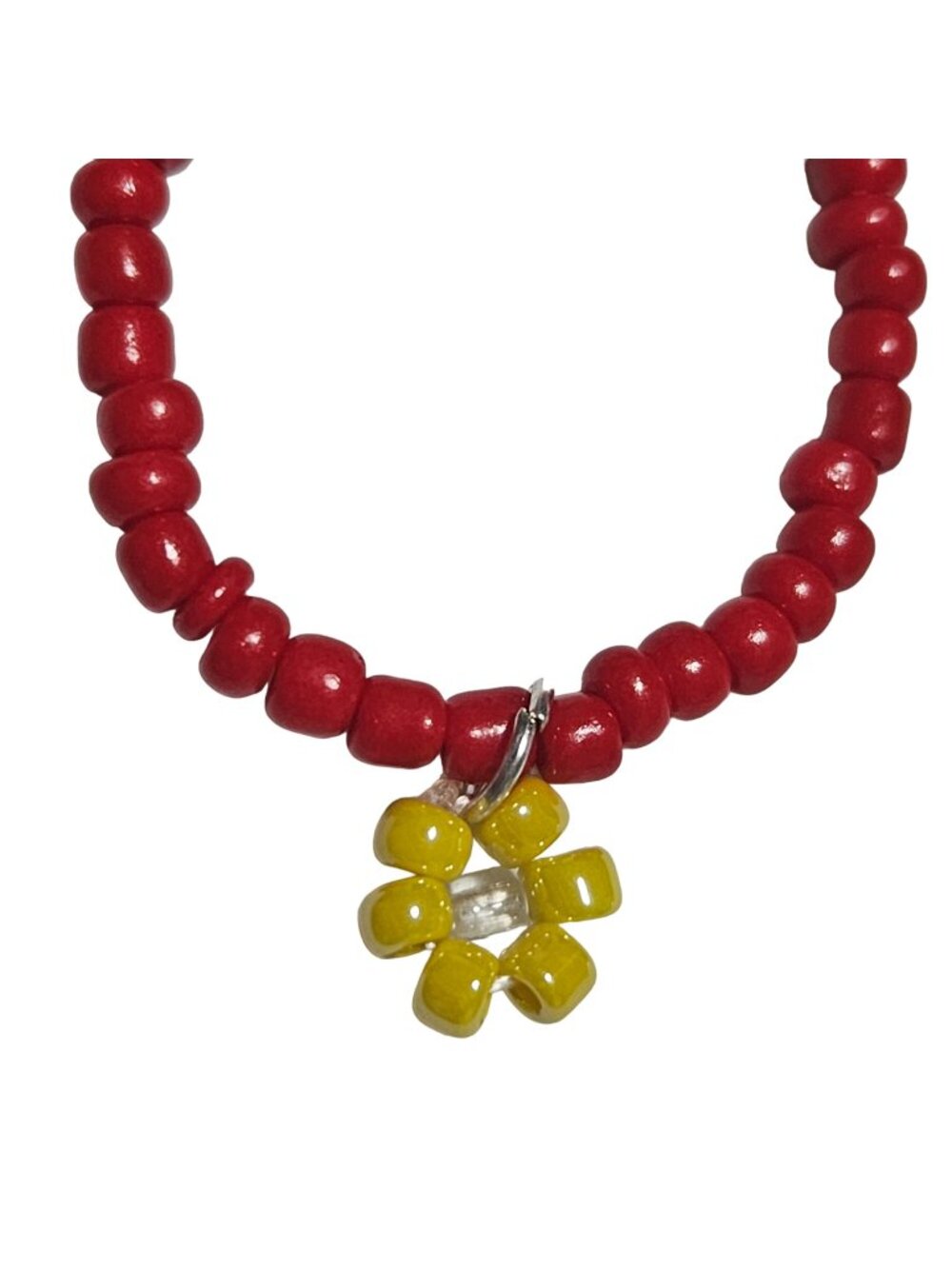 Handmade Yellow Flower Charm Necklace Boho Retro 70s Red Beaded Fashion Jewelry